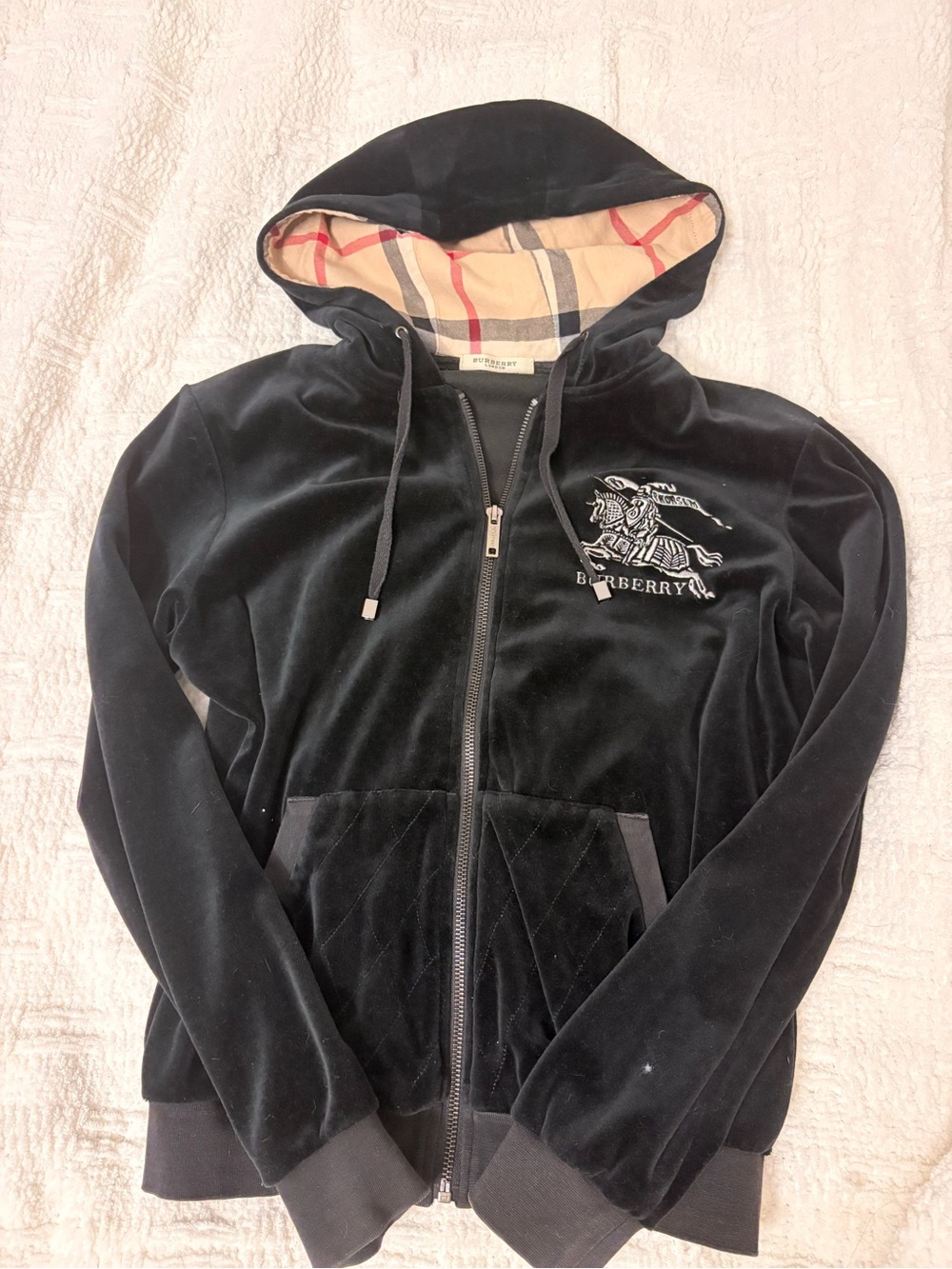 Burberry Black Velvet Zip Hoodie with Signature Check Hood Lining